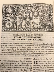 Page from Latin Mass Missal. Christ holding the orb and scepter and wearing a crown.